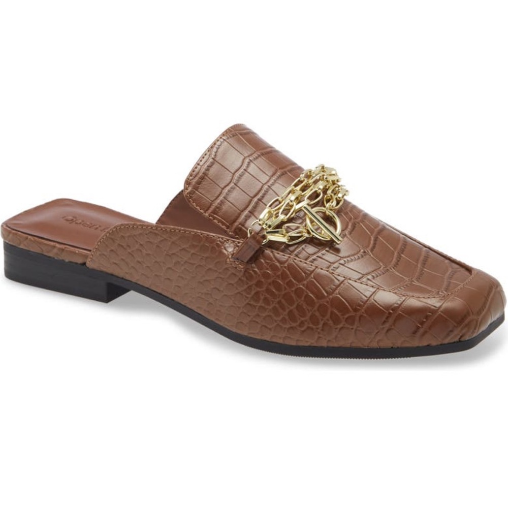 Open Edit Ednash Career Work Brown Crocodile-Embossed Loafers with Gold Chain‎
